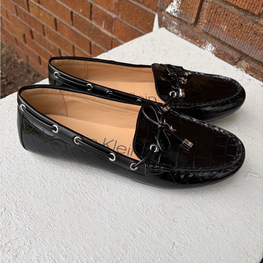 Calvin Klein Black Quilted Patent Driving Loafers with Bow Detail